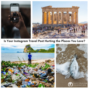 Traveler taking a photo in a remote village surrounded by locals, symbolizing the impact of social media on communities and tourism.